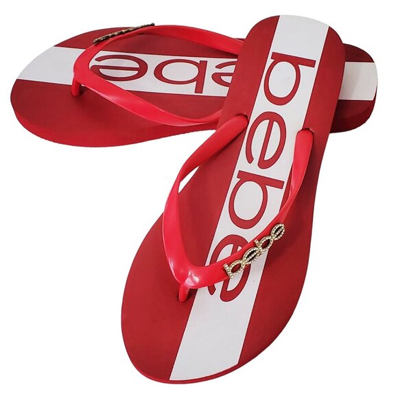 NWT BEBE AUTHENTIC TIERLA WOMEN'S WHITE RED THONG SLIP ON FLIP FLOPS SANDALS - Picture 6 of 6